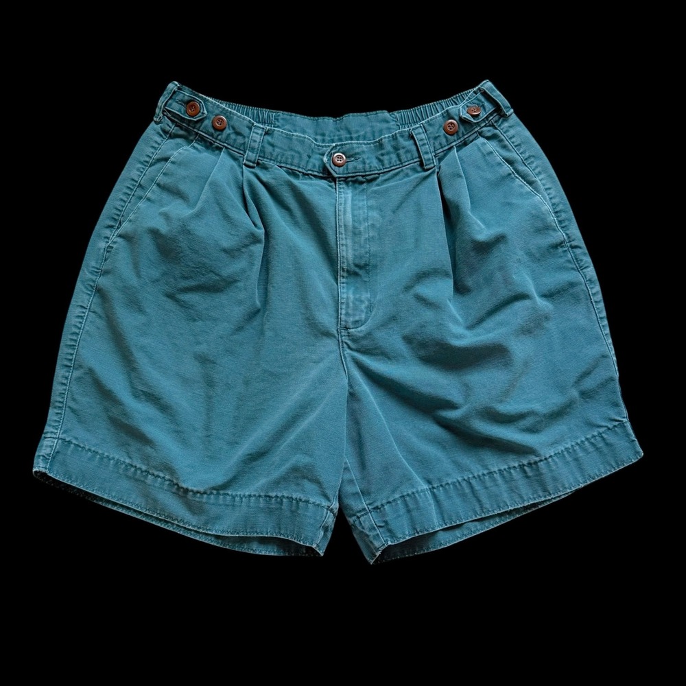 90's Dockers Teal Green Pleated Chino Shorts 33 Elastic Waist Cotton Canvas